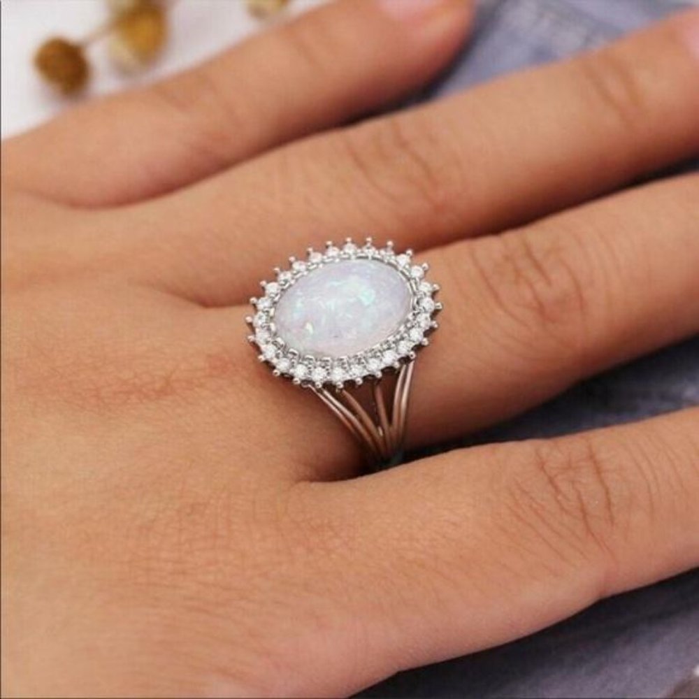 NEW HUGE OPAL DIAMOND HALO STERLING SILVER RING - Picture 2 of 5